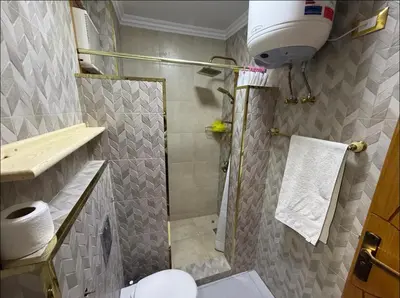 a small bathroom with a shower and a toilet at Oscar Apartment 10 in Luxor