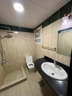 a bathroom with a sink and a shower and a toilet at one bedroom at magawish hurghada in Hurghada