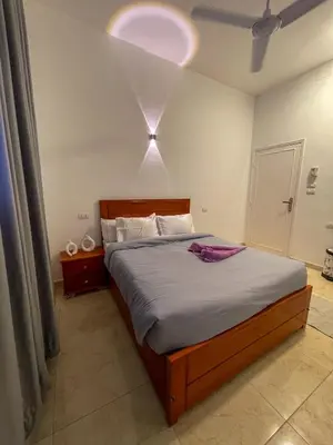 a bedroom with a bed and a light on the ceiling at el rabia - private rooms in Luxor