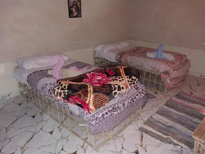 two beds in a room with a swan on them at Nile Domes Guest House in Luxor