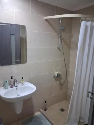a bathroom with a sink and a shower at Modern simple apartment with roof in Hurghada