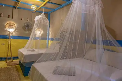 a bedroom with two beds with mosquito nets at Pharaohs Rest Luxor in Luxor