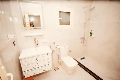 a white bathroom with a toilet and a shower at signature house Luxor in Luxor