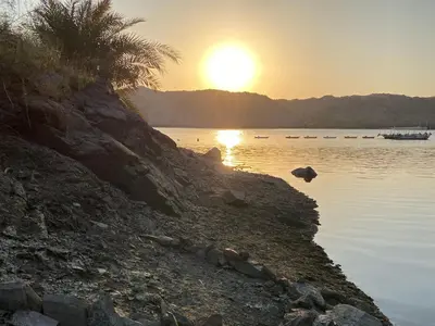 a sunset over a body of water with a palm tree at Per Ankh - Heissa island - Aswan in Aswan