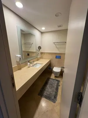 a bathroom with a sink and a toilet and a mirror at 3 Bdr Sea View with private roof Mangrovy EL Guna in Hurghada