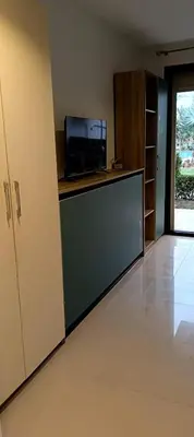 a room with a counter with a tv on it at Cozy studio G-cribs elgouna in Hurghada