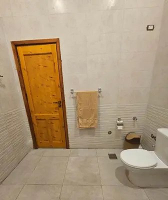 a bathroom with a toilet and a wooden door at Malika House in Luxor
