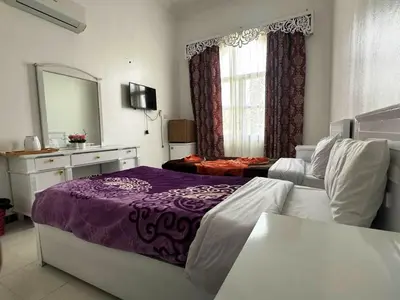 a bedroom with a purple bed and a mirror at Villa Shanhouri Nile View in Luxor