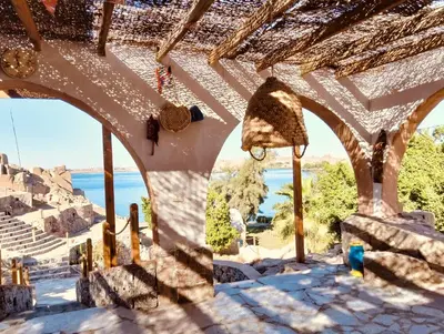 a view from the inside of a building with a view of the ocean at فندق اجيليكا in Aswân Reservoir Colony