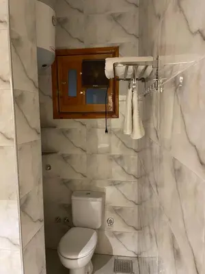 a bathroom with a toilet and a marble wall at Luxe Nest Luxor Serviced Apartments 202 in Luxor