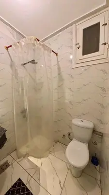 a white bathroom with a toilet and a shower at Alia House in Luxor