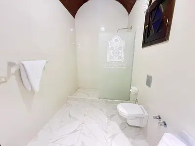 a white bathroom with a toilet and a sink at Saray ElOmda Wellness - Retreat Village in Al Karnak