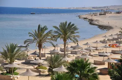 a beach with umbrellas and palm trees and the ocean at Shoni Bay Resort in Marsa Alam City