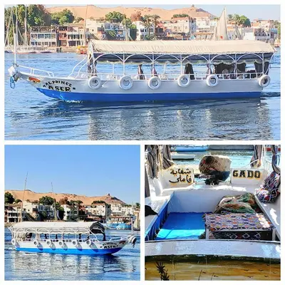 three different pictures of a boat in the water at Shifaya House in Aswan