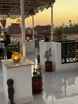 a restaurant with a table and potted plants on a roof at Villa Ramses in Luxor