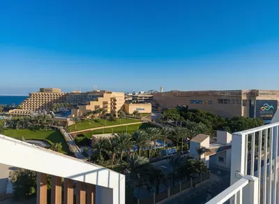 a view of the city from the balcony at Hurghada luxury apartment sea view in Hurghada