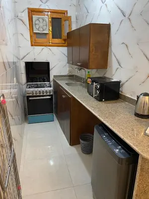 a small kitchen with a stove and a microwave at Luxe Nest Luxor Serviced Apartments 302 in Luxor