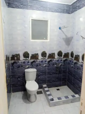 a bathroom with a toilet and a shower at Bait el gabal in Al Aqālitah