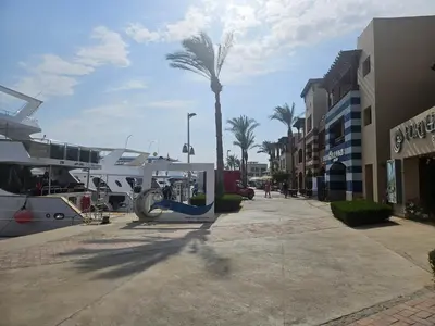 a palm tree and a boat in a marina at Modern apartment with pool view in Port Ghalib in Port Ghalib