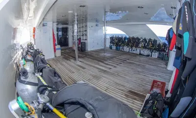 a room with a bunch of skis on a ship at Yacht Aml-Hayaty in Hurghada