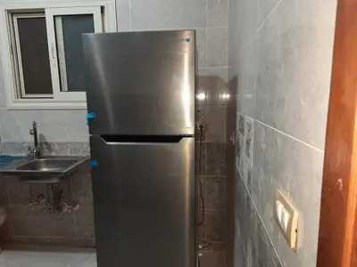 a stainless steel refrigerator in a kitchen with a sink at happy apartment in Luxor