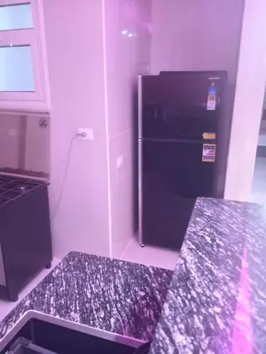 a kitchen with a black refrigerator and a counter at Luxor Hostel Place in Al Baghdādī