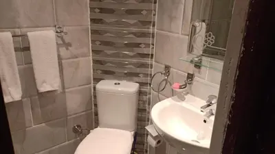 a bathroom with a toilet and a sink at فندق نايل ايليت سوهاج in Qilfāw