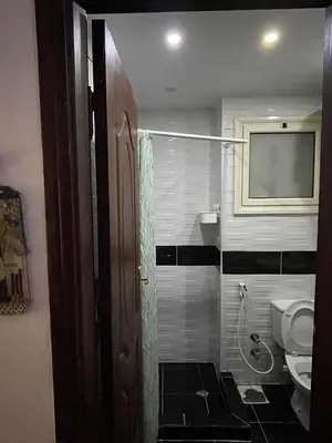 a bathroom with a shower and a toilet in it at Sherathon studio Pavel in Hurghada