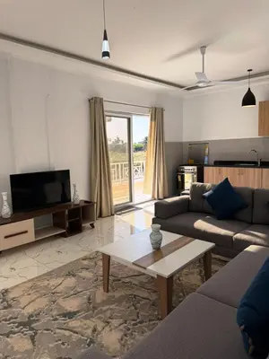a living room with a couch and a tv and a table at Al Baba II Nile Villa in Luxor