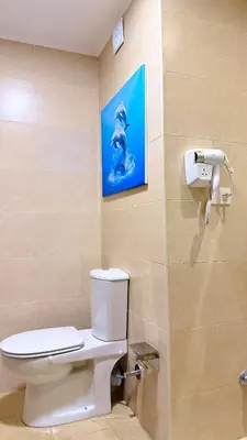 a bathroom with a toilet and a painting on the wall at Aldau Heights Hurghada Prestige Spacious Hotel-Style Poolview 1BR in Hurghada