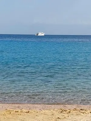 a boat in the middle of the ocean with a beach at Juliana beach resort in El Gouna