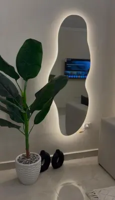 a plant in a pot in a living room with a mirror at Stylish home & Free transfers in Hurghada