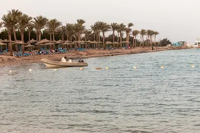 a boat in the water near a beach with palm trees at Mirage Bay Resort Hurghada C-781 in Hurghada