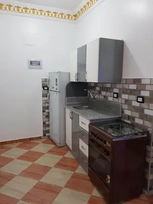 a kitchen with a stove and a sink and a refrigerator at Royal Apartments Luxor in Luxor
