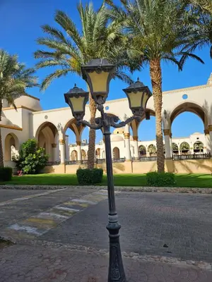 a street light in front of a building with palm trees at Palm Beach Piazza Apart hotel Sahl Hasheesh in Hurghada