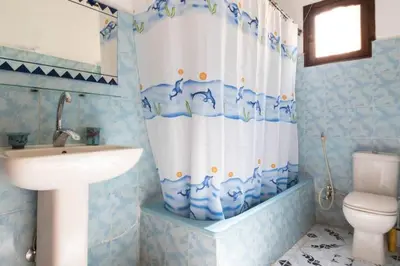 a bathroom with a sink and a toilet and a shower curtain at Terrasses et Jardins sur le Nil chez Hagag rive Ouest in Luxor