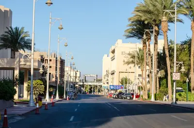 a street in a city with palm trees and buildings at Zebra Apartments Hurghada center in Hurghada