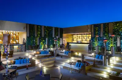 an overhead view of a hotel lobby with blue lights at Pickalbatros Palace - Aqua Park Hurghada in Hurghada