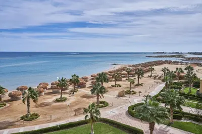 an aerial view of a beach with palm trees and the ocean at Mosaique Hotel El Gouna in Hurghada
