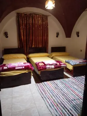 three beds sitting in a room with a rug at El Prince Guesthouse in Aswan