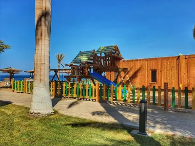 a playground with a slide next to a palm tree at Palm Beach Resort Families and Couples only in Hurghada