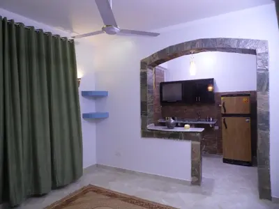 a living room with a green curtain and a television at Nour House in Luxor