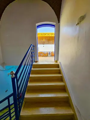 a stairway with a blue railing and a door at Villa Sunrise in Luxor