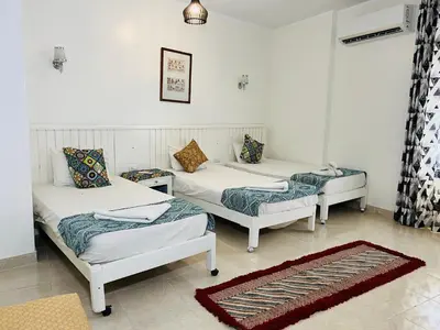 a room with two beds and a rug at Amon Hotel in Luxor