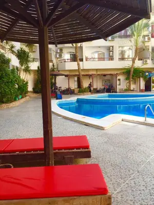 a swimming pool with a red bench and an umbrella at Solider Art in Hurghada