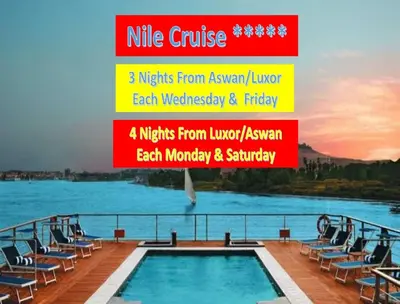 a cruise ship with a swimming pool and chairs at Nile Cruises 5 Stars From From Aswan 03 Nights -From Luxor 04 Nights in Luxor