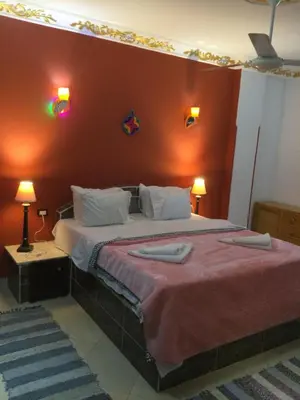 a bedroom with a large bed with red walls at The Brown House in Luxor