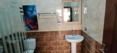 a bathroom with a sink and a toilet and a mirror at Villa Misk in Aswan