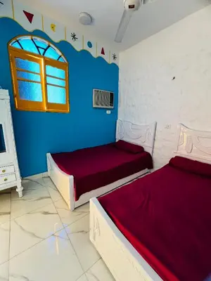a bedroom with two beds and a blue wall at Tongel Nubian Studio & Guest House in Aswan