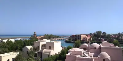 a view of a town with houses and the ocean at El Gouna abu tig marina Studio p economy stay in Hurghada